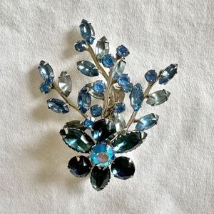 Vintage Blue Rhinestone Floral Brooch Antique Jewelry Pin